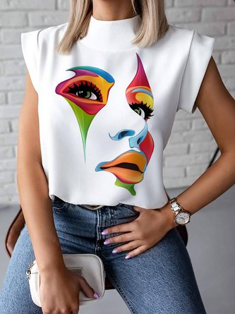 Daily Abstract Figure Stand Collar Casual Top