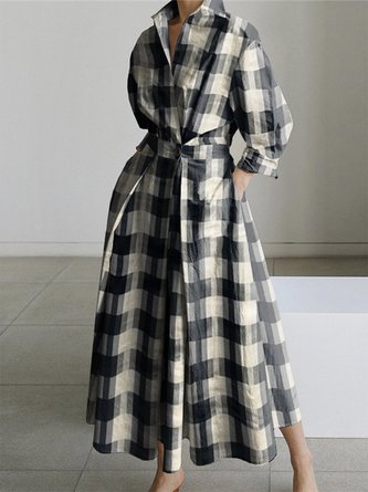 Regular Fit Urban Plaid Long Sleeve Midi Dress