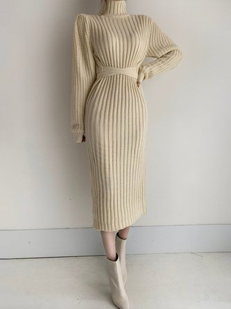 Long sleeve Plain Elegant Regular Fit Midi Dress