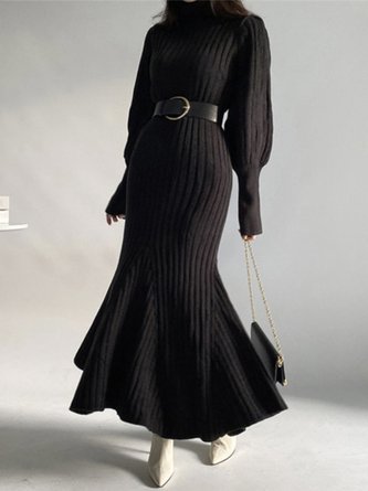 Daily Long sleeve Elegant Turtleneck Plain Dress