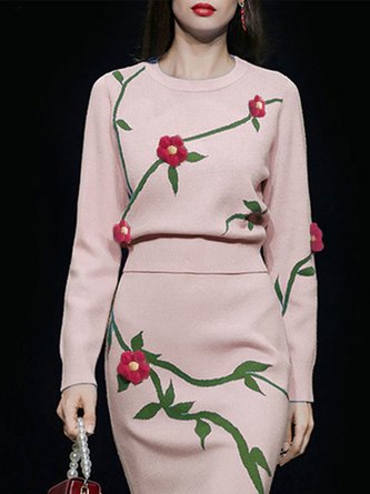 Elegant Crew Neck Floral Long sleeve Sweater