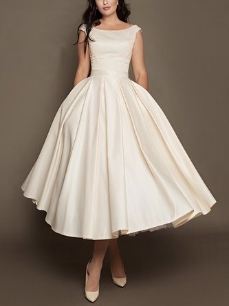 Elegant Regular Fit Plain Midi Wedding Guest Dress
