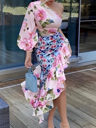 Floral One Shoulder Regular Fit Vacation Midi Dress