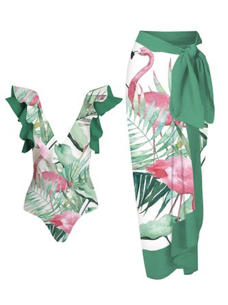 Vacation Plants Printing V Neck One Piece With Cover Up
