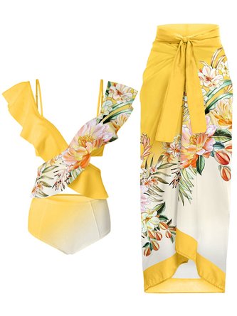 Vacation Floral Printing V Neck Bikini With Cover Up