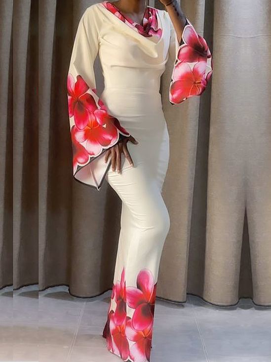 Regular Fit Others Elegant Long Sleeve Floral Maxi Dress
