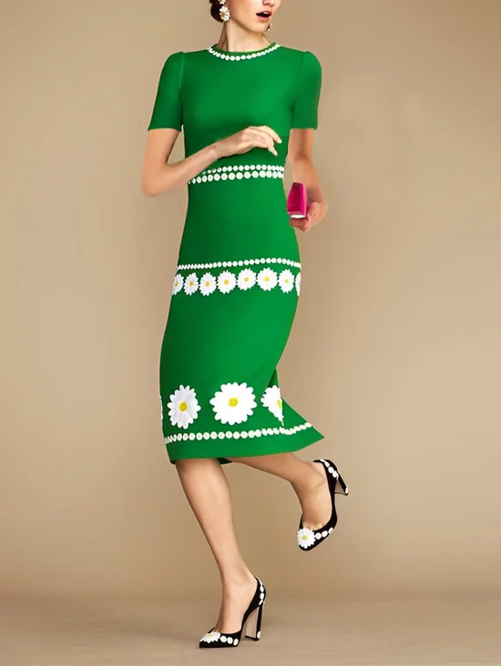 Plus Size Floral Tight Short Sleeve Elegant Midi Dress