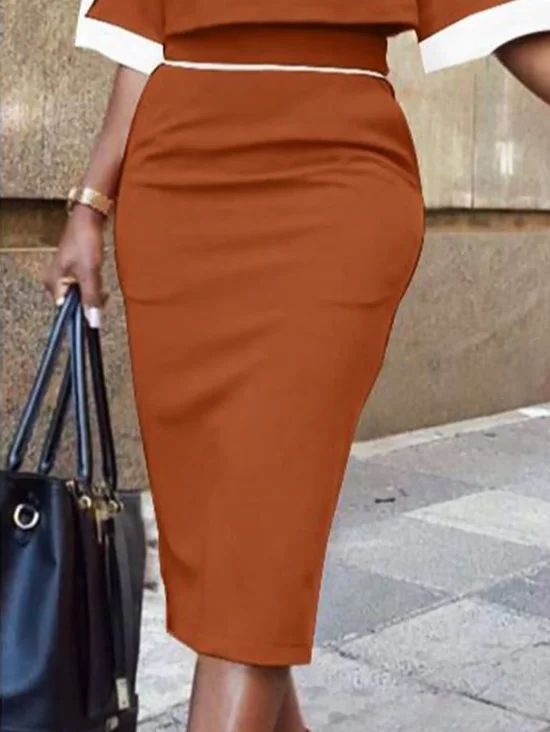 Plus Size Regular Fit Color Block Elegant Midi Skirt