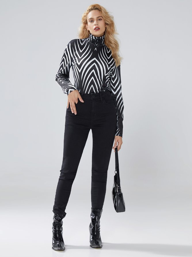 Daily Basic Striped  Turtleneck Long Sleeve Top