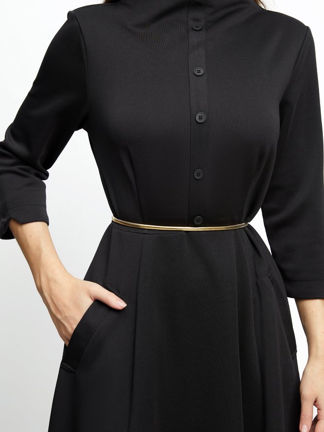 Elegant Stand Collar Plain Regular Fit Three Quarter Dress