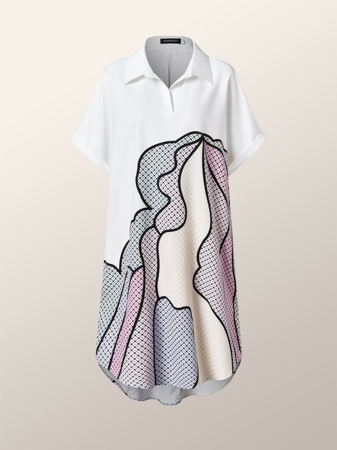 Simple Abstract Shirt Collar Loosen Midi Dress