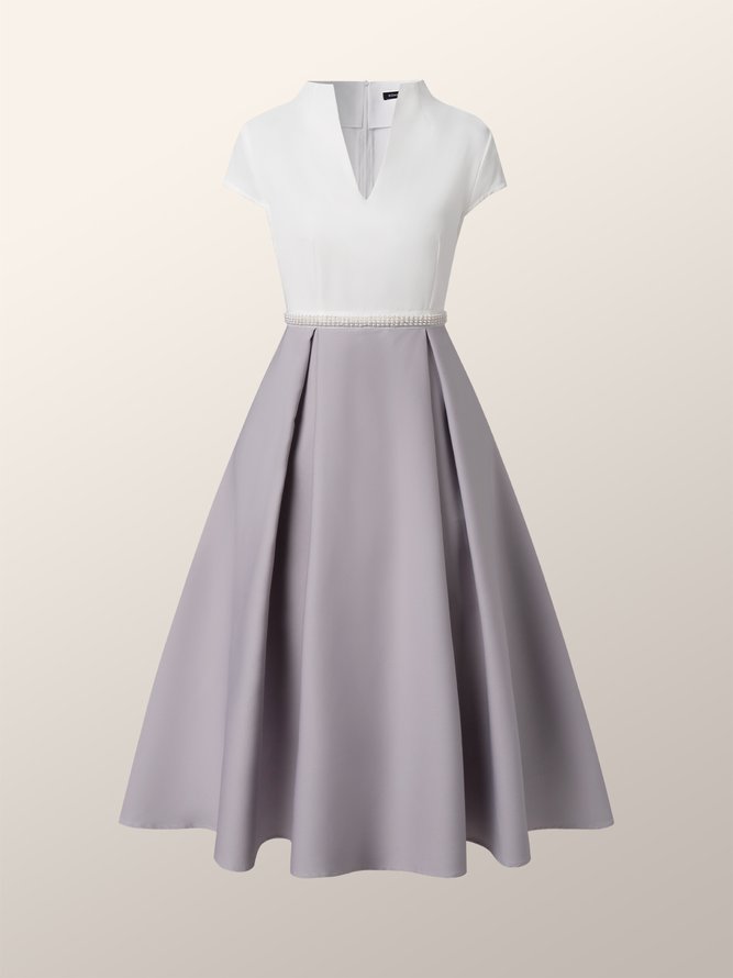 Elegant Formal V Neck Short Sleeve Color Block  Dress