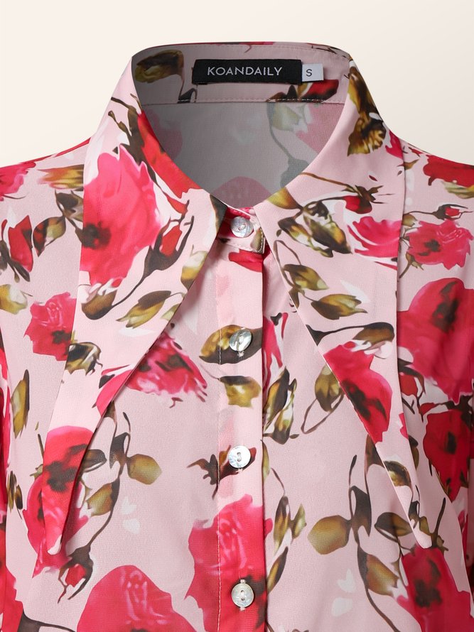 Summer Lightweight Shirt Collar Regular Fit Floral Short Sleeve Blouse