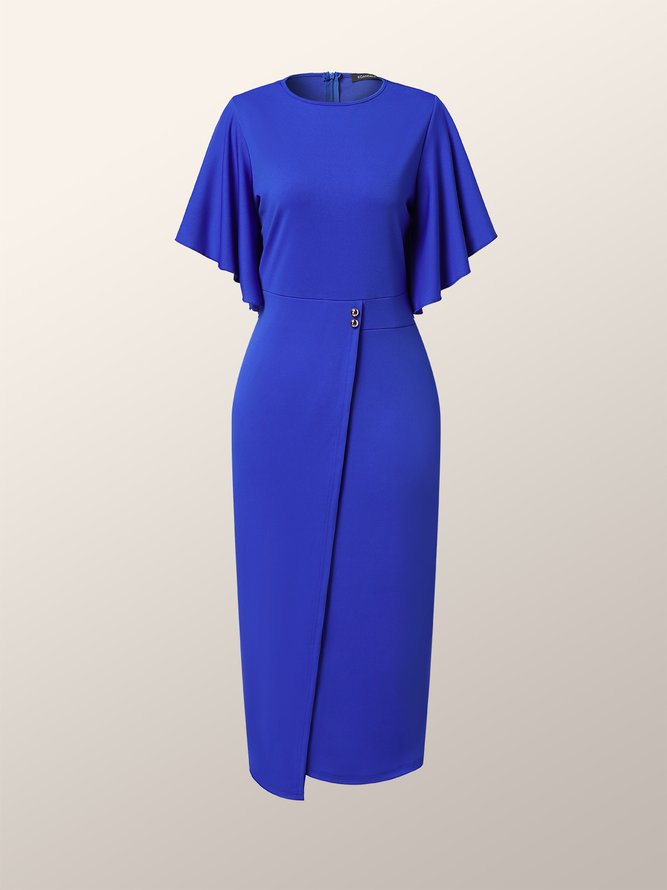 Frill Sleeve Plain Elegant Midi Dress