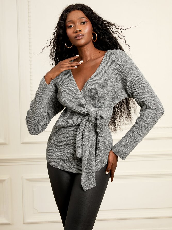 Simple Long Sleeve Plain Cross Neck Sweater Coat