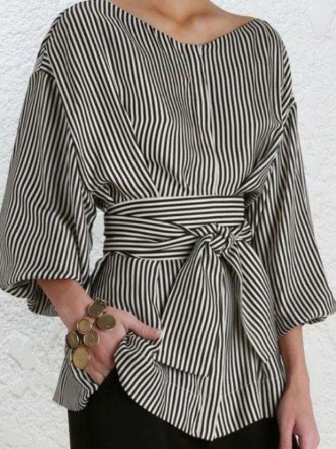 3/4 Sleeve Cotton V Neck Stripes Elegant Blouse