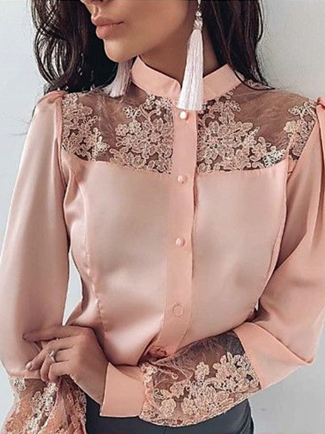 Solid Stand Collar Lady Shirt
