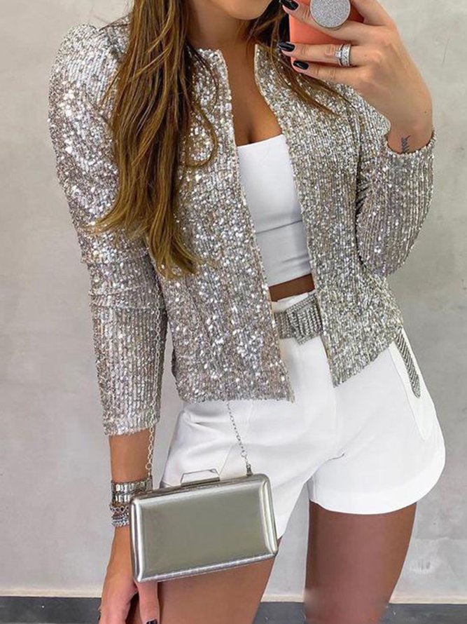 Solid Sequins Long sleeve Regular Fit Outerwear