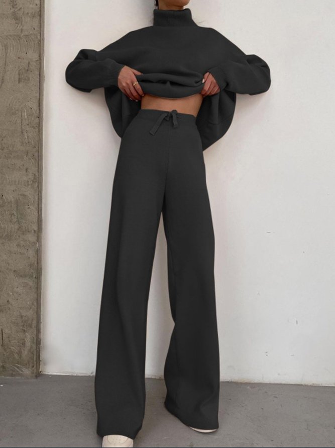 Causal Daily Solid High Neck Suits Top With Pants