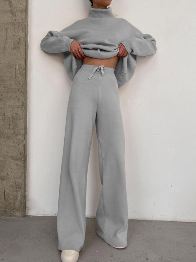 Causal Daily Solid High Neck Suits Top With Pants