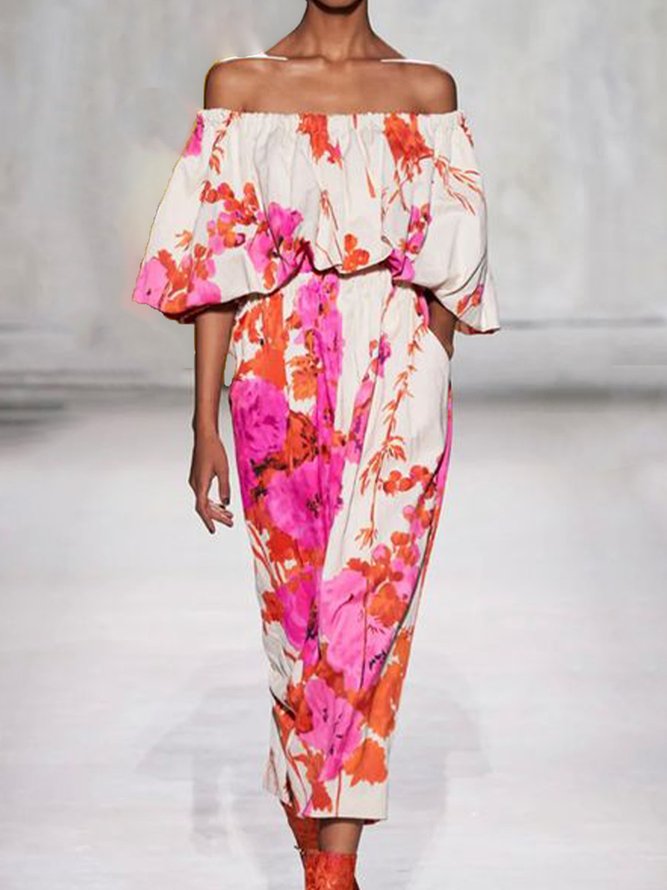 Loosen Floral Elegant Short Sleeve Woven Midi Dress