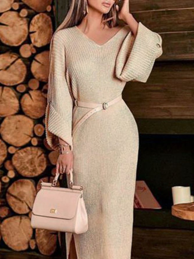 Elegant Plain Loose  Split  Sweater Dress