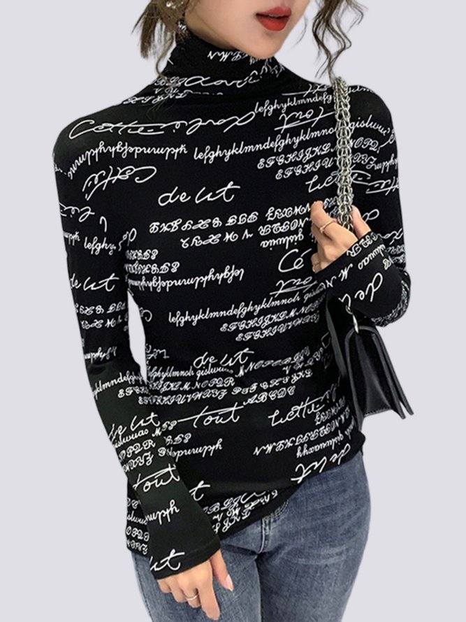 Daily Long sleeve Regular Fit Text Letters Turtleneck T-Shirt