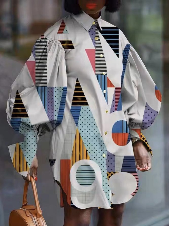 Geometric Shirt Collar Urban Long Sleeve Mini Dress