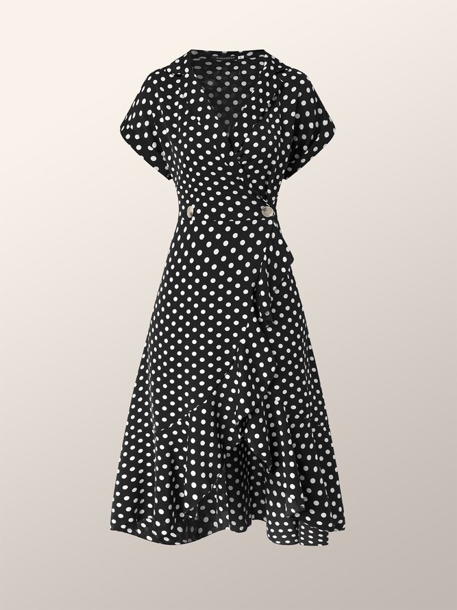 Elegant Polka Dots Lapel Date Short Sleeve Dress