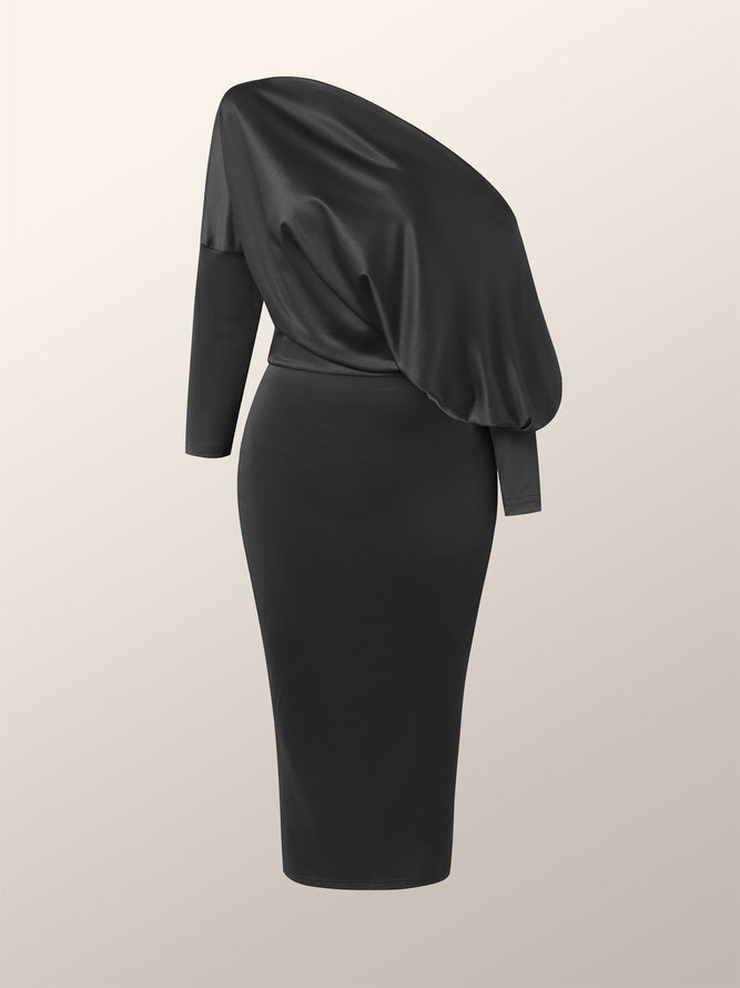 Asymmetrical Neck Skinny Plain Midi Dress
