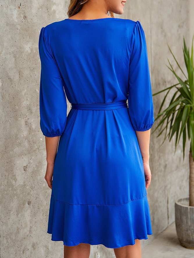 Royal Blue Solid Paneled Cotton-Blend 3/4 Sleeve Dress