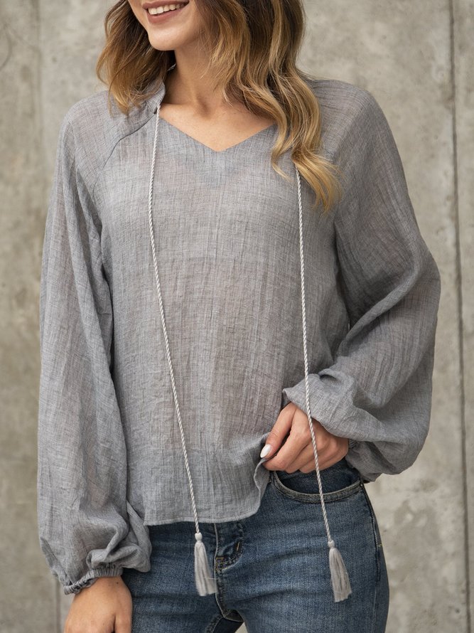 Gray V Neck Solid Long Sleeve Top