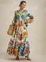 Floral Vacation V Neck Long Sleeve Maxi Dress With Belt