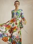Floral Vacation V Neck Long Sleeve Maxi Dress With Belt