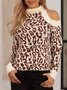 Brown Knitted Long Sleeve Leopard Cold Shoulder Sweater