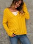 Yellow Paneled Cotton-Blend V Neck Long Sleeve Top